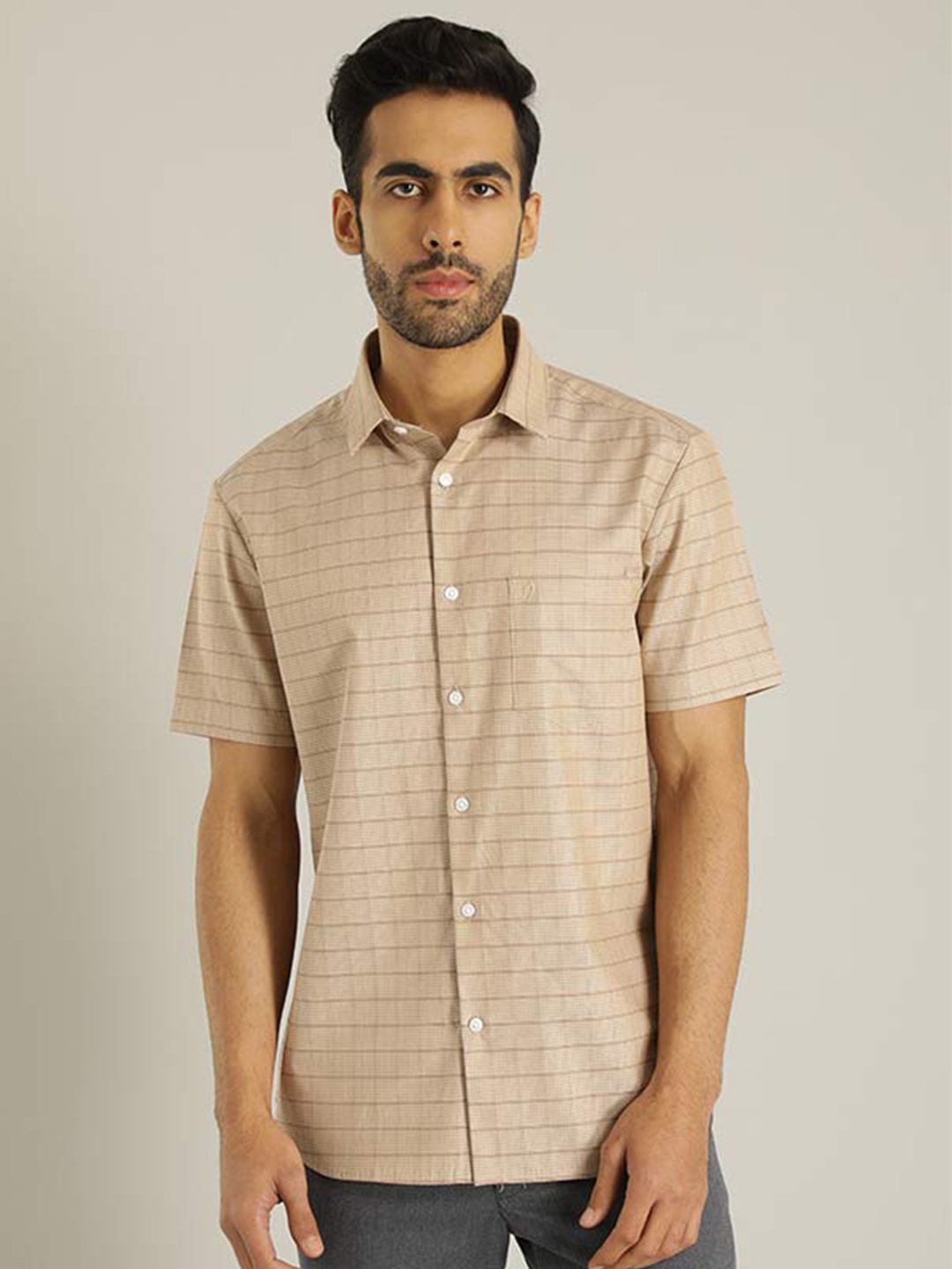 

Indian Terrain Chiseled Slim Fit Checked Casual Pure Cotton Shirt, Brown