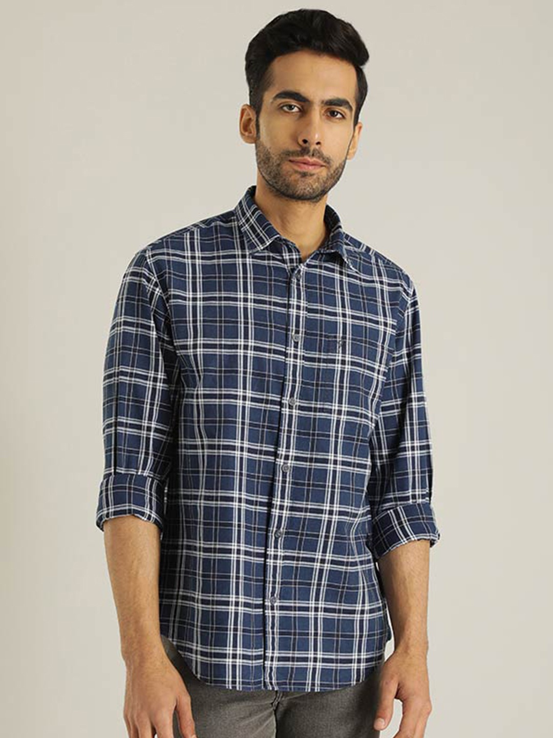 

Indian Terrain Plus Size Chiseled Slim Fit Tartan Checked Pure Cotton Casual Shirt, Navy blue