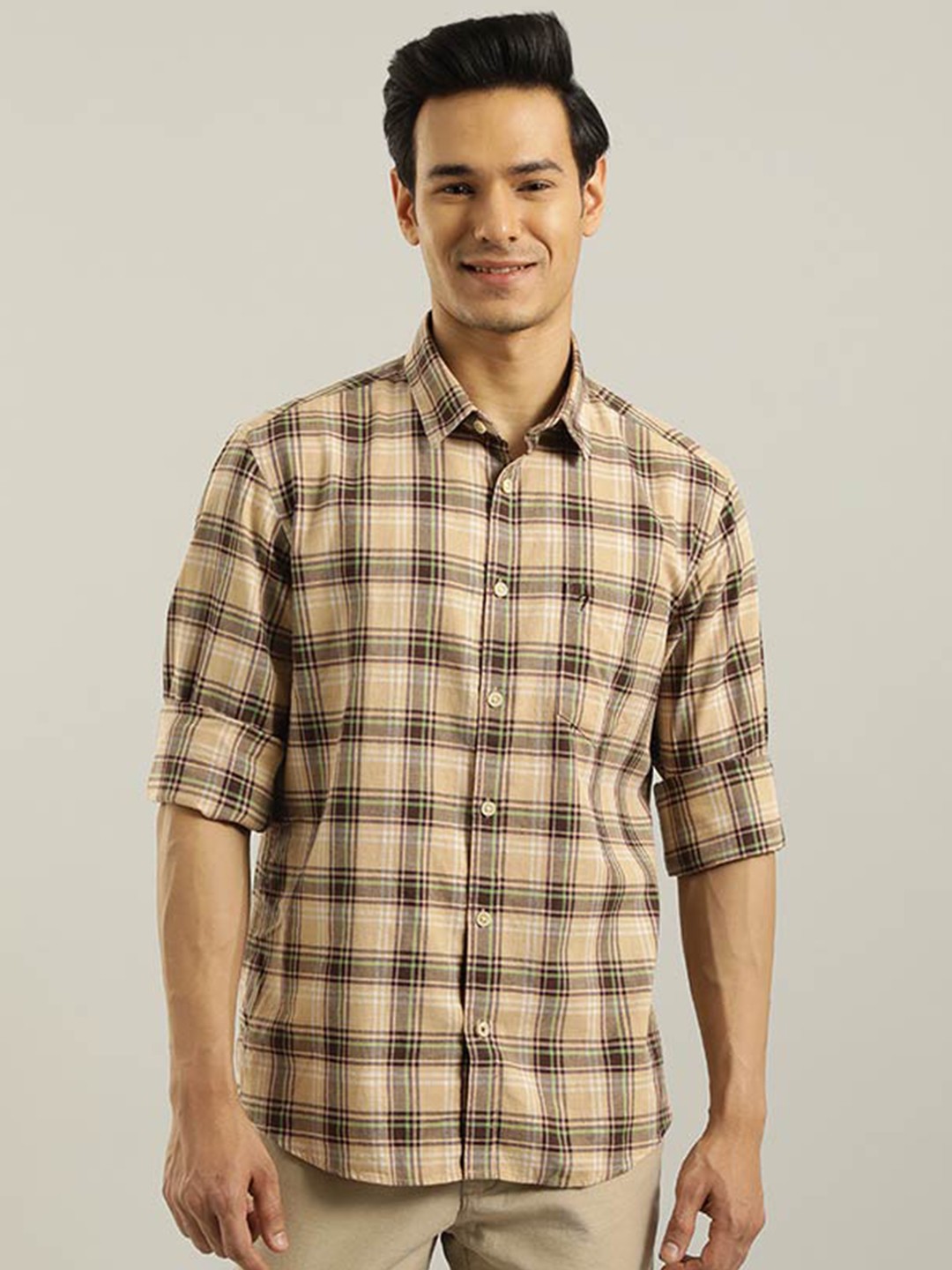 

Indian Terrain Tartan Checks Chiseled Fit Slim Fit Pure Cotton Casual Shirt, Brown