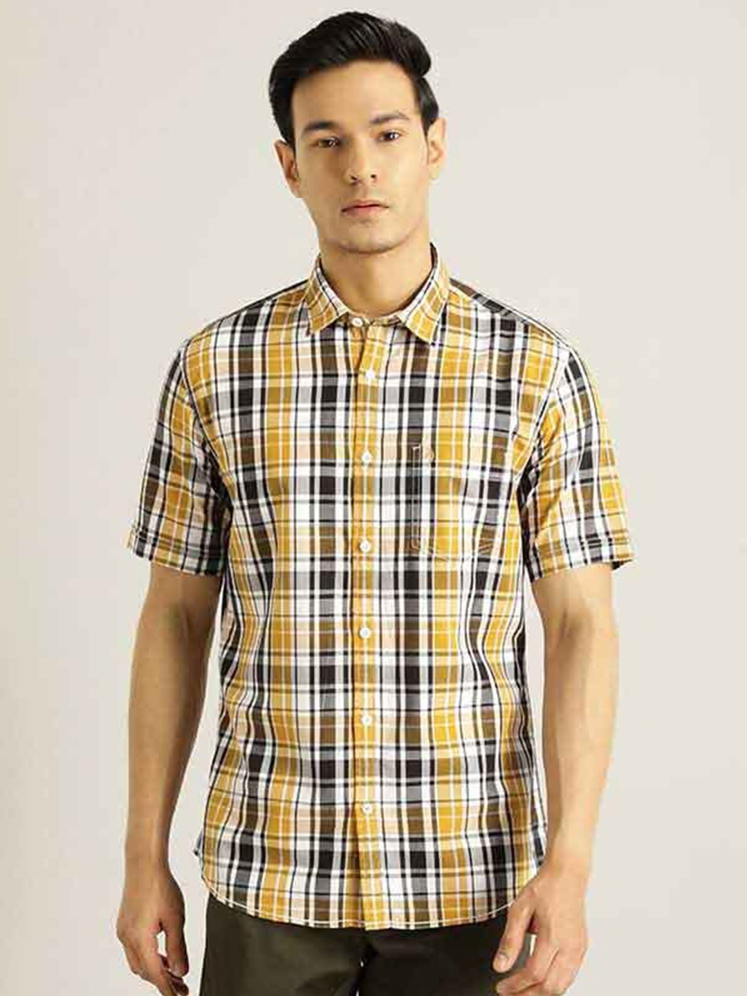 

Indian Terrain Chiseled Slim Fit Tartan Checked Pure Cotton Casual Shirt, Yellow
