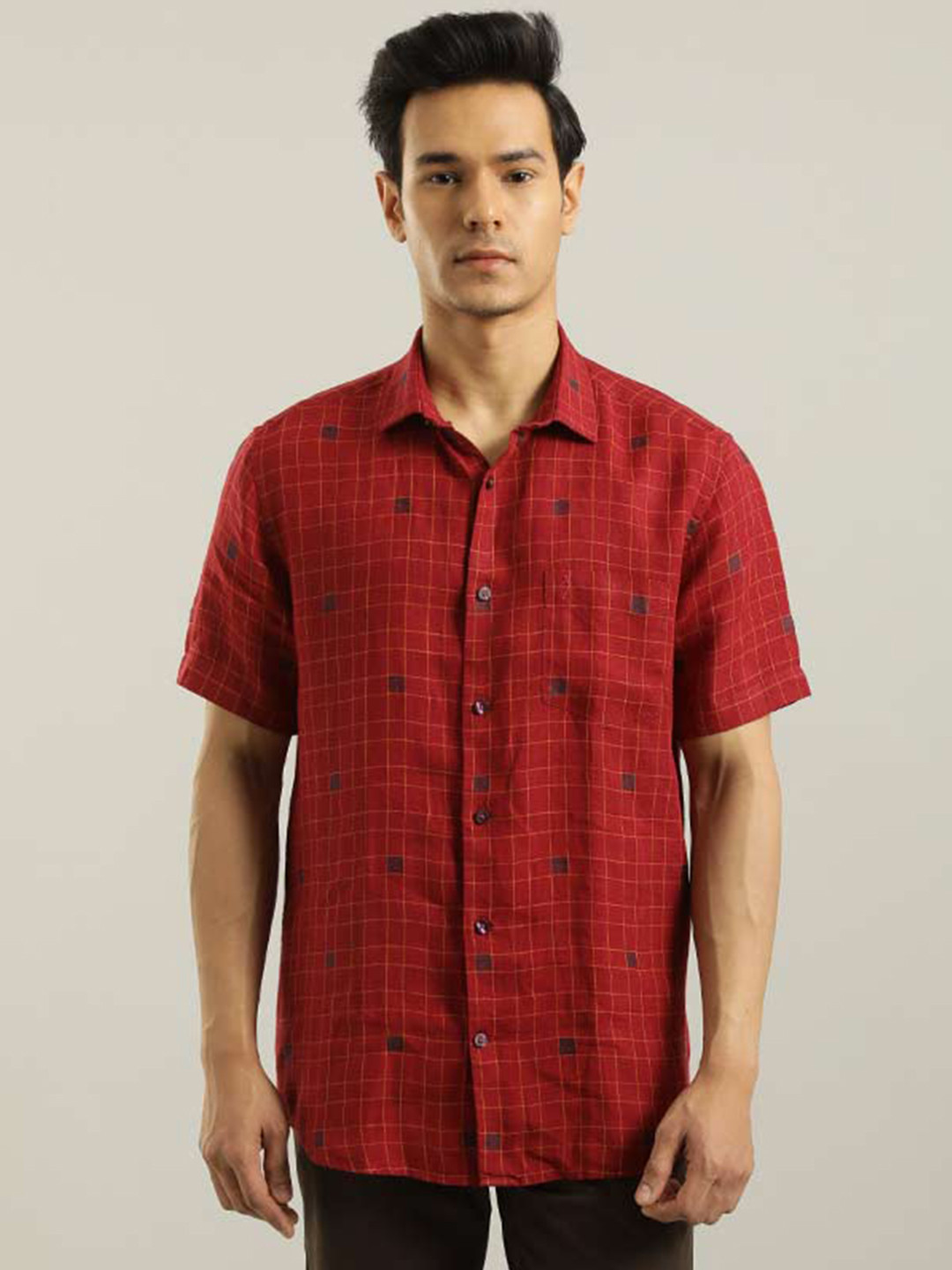 

Indian Terrain Chiseled Slim Fit Checked Pure Cotton Casual Shirt, Red