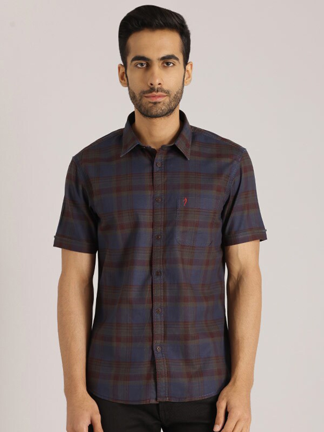 

Indian Terrain Checked Chiseled Slim Fit Tartan Checks Opaque Pure Cotton Casual Shirt, Blue