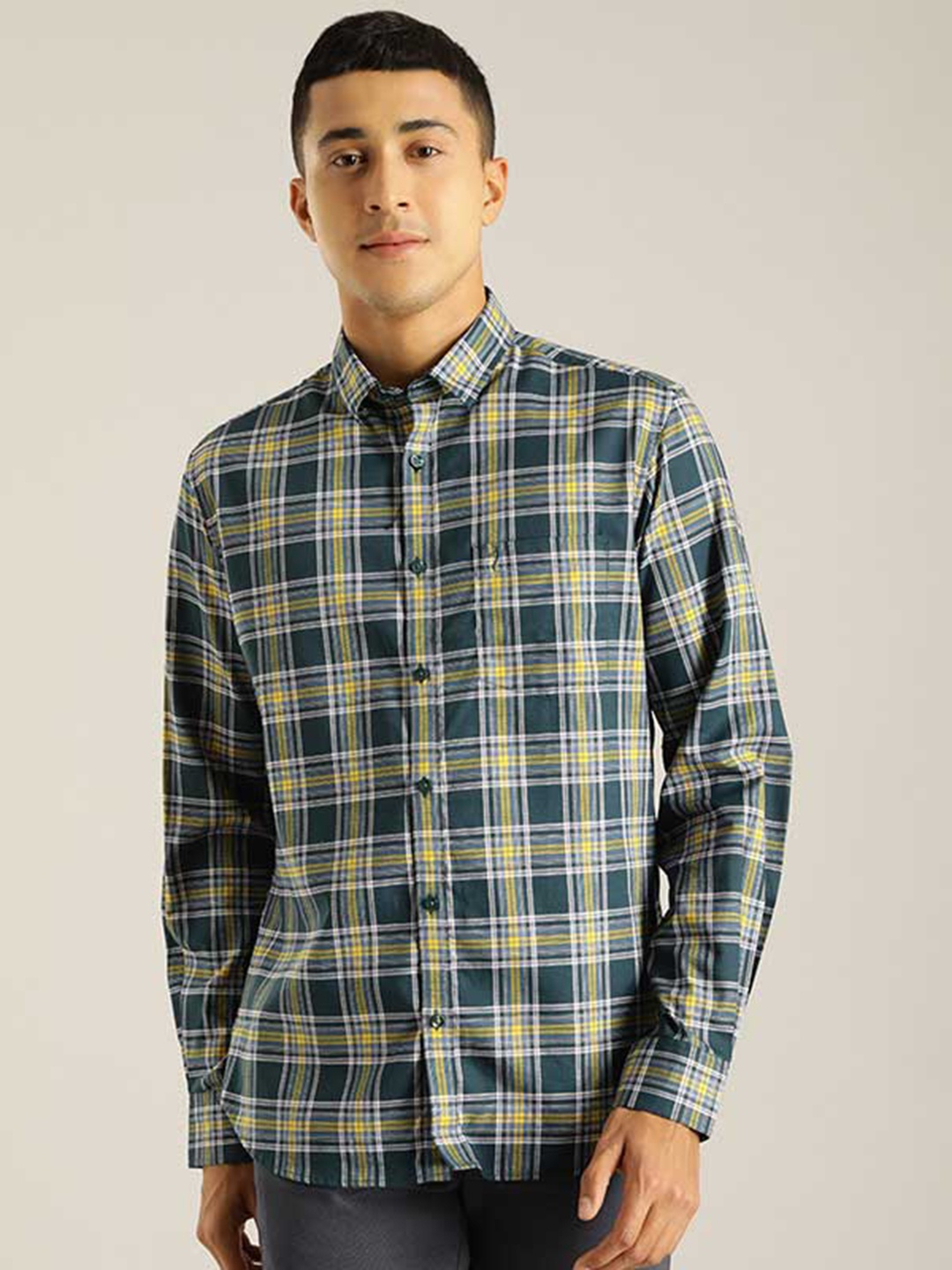 

Indian Terrain Chiseled Tartan Checked Pure Cotton Shirt, Navy blue