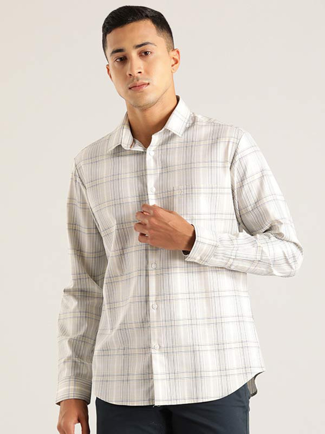 

Indian Terrain Chiseled Slim Fit Tartan Checked Pure Cotton Shirt, White