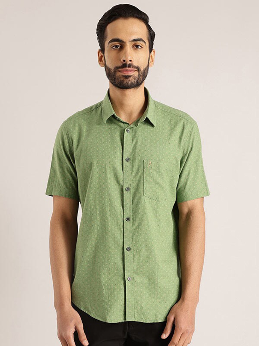 

Indian Terrain Chiseled Slim Fit Micro or Ditsy Printed Cotton Casual Shirt, Green