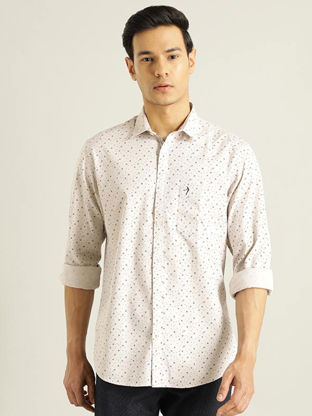 

Indian Terrain Chiseled Slim Fit Micro Ditsy Printed Casual Pure Cotton Shirt, Off white