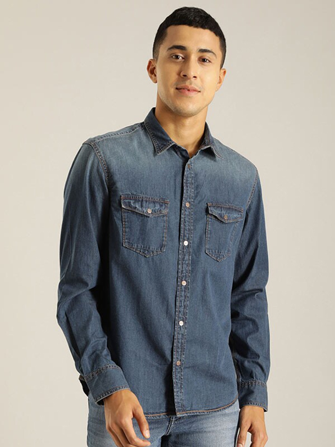 

Indian Terrain Chiseled Faded Spread Collar Pure Cotton Slim Fit Casual Shirt, Blue