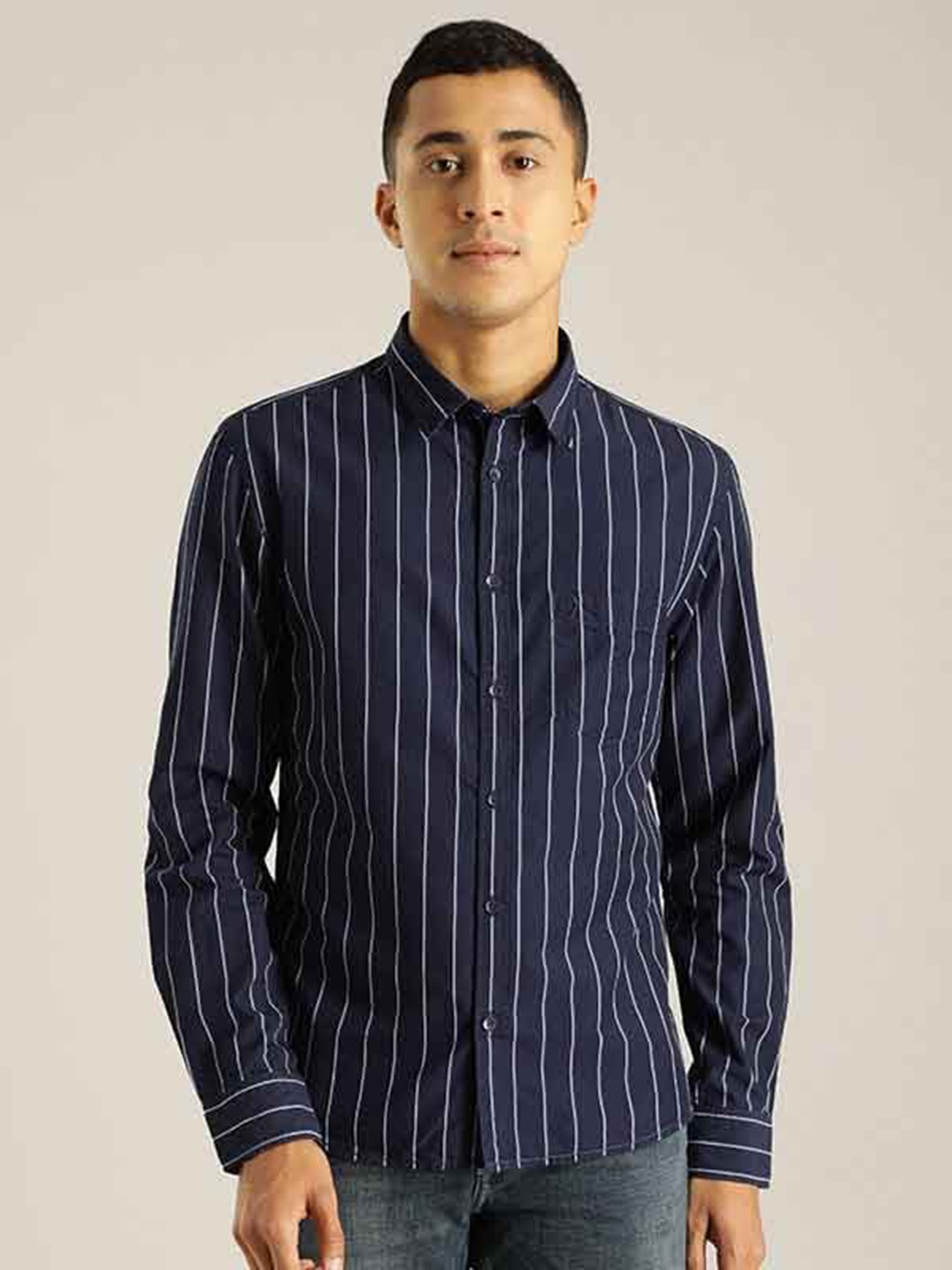 

Indian Terrain Chiseled Slim Fit Striped Pure Cotton Shirt, Blue