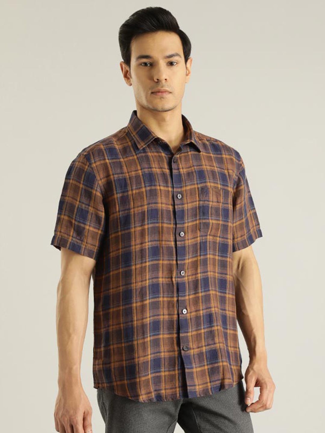 

Indian Terrain Chiseled Slim Fit Tartan Checked Casual Pure Cotton Shirt, Brown