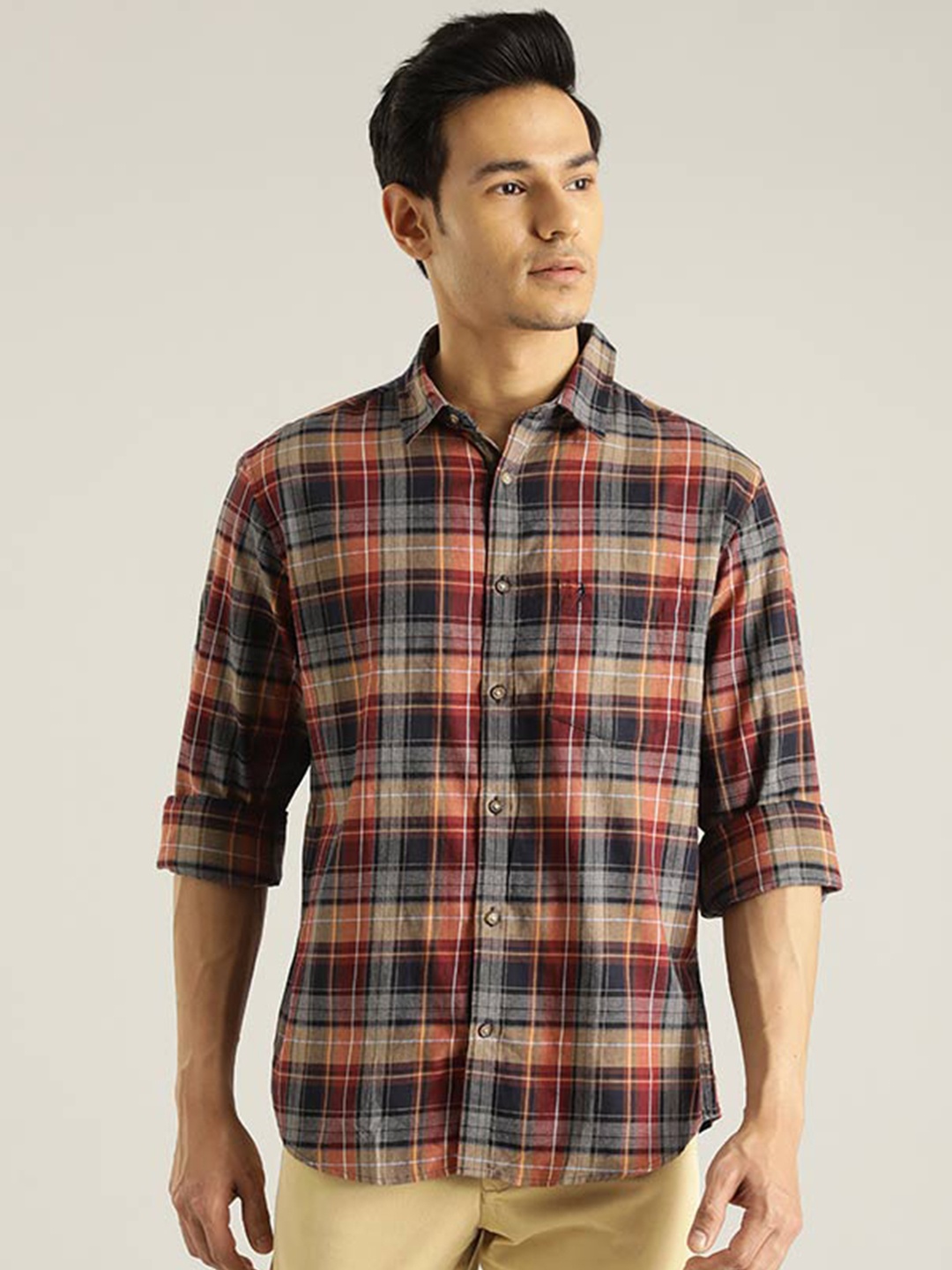 

Indian Terrain Chiseled Slim Fit Tartan Checks Pure Cotton Casual Shirt, Red