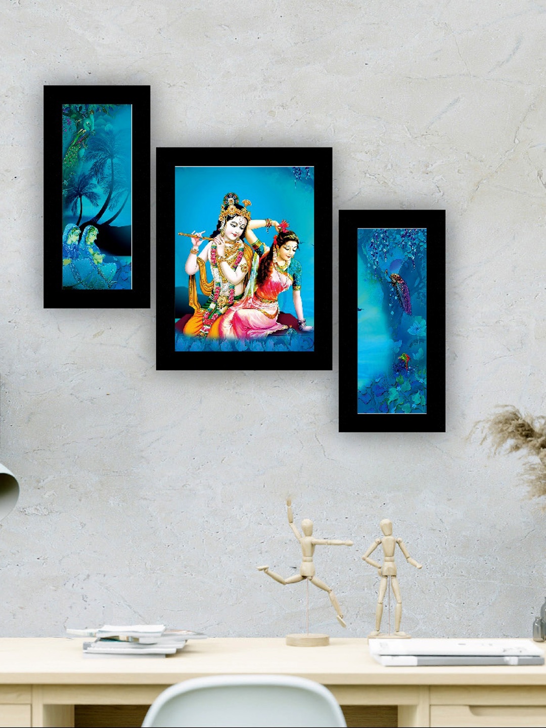 

SAF Blue & Black 3 Pieces Lord Radha Krishna Painting UV Coating Wall Arts