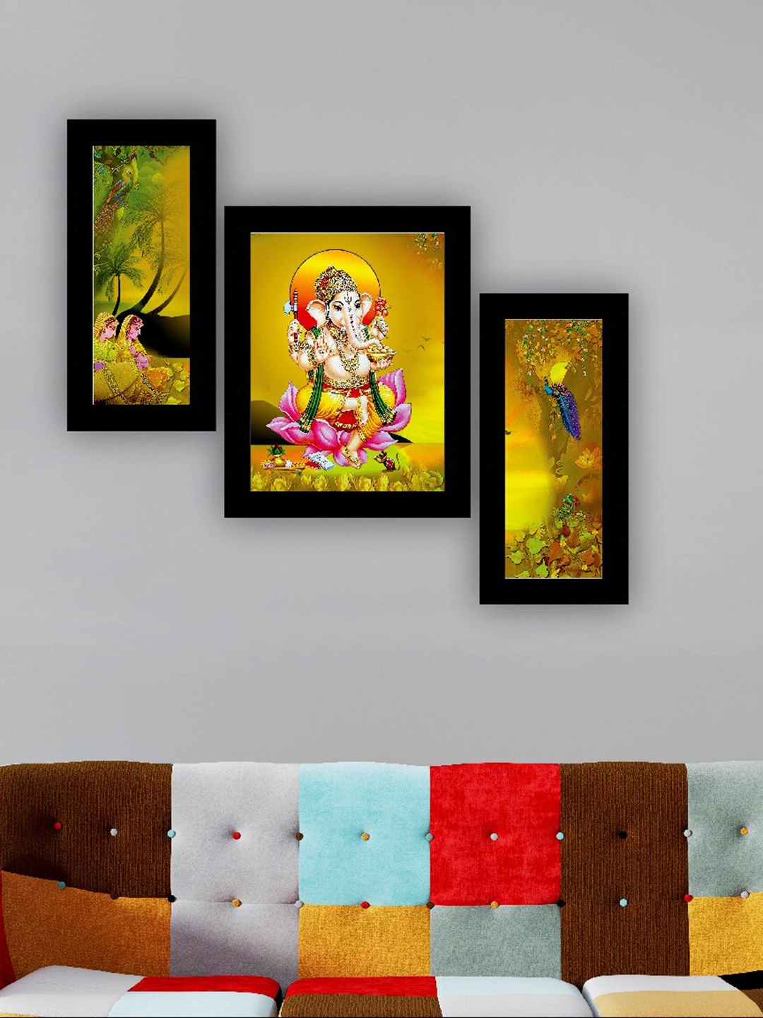 

SAF Yellow & Green 3 Pieces Lord Ganesha Painting UV Coating Wall Arts