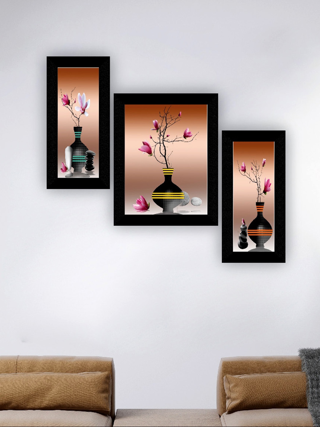 

SAF Black & Grey 3 Pieces Flower Pot & Flower Painting UV Coating Wall Arts, Pink