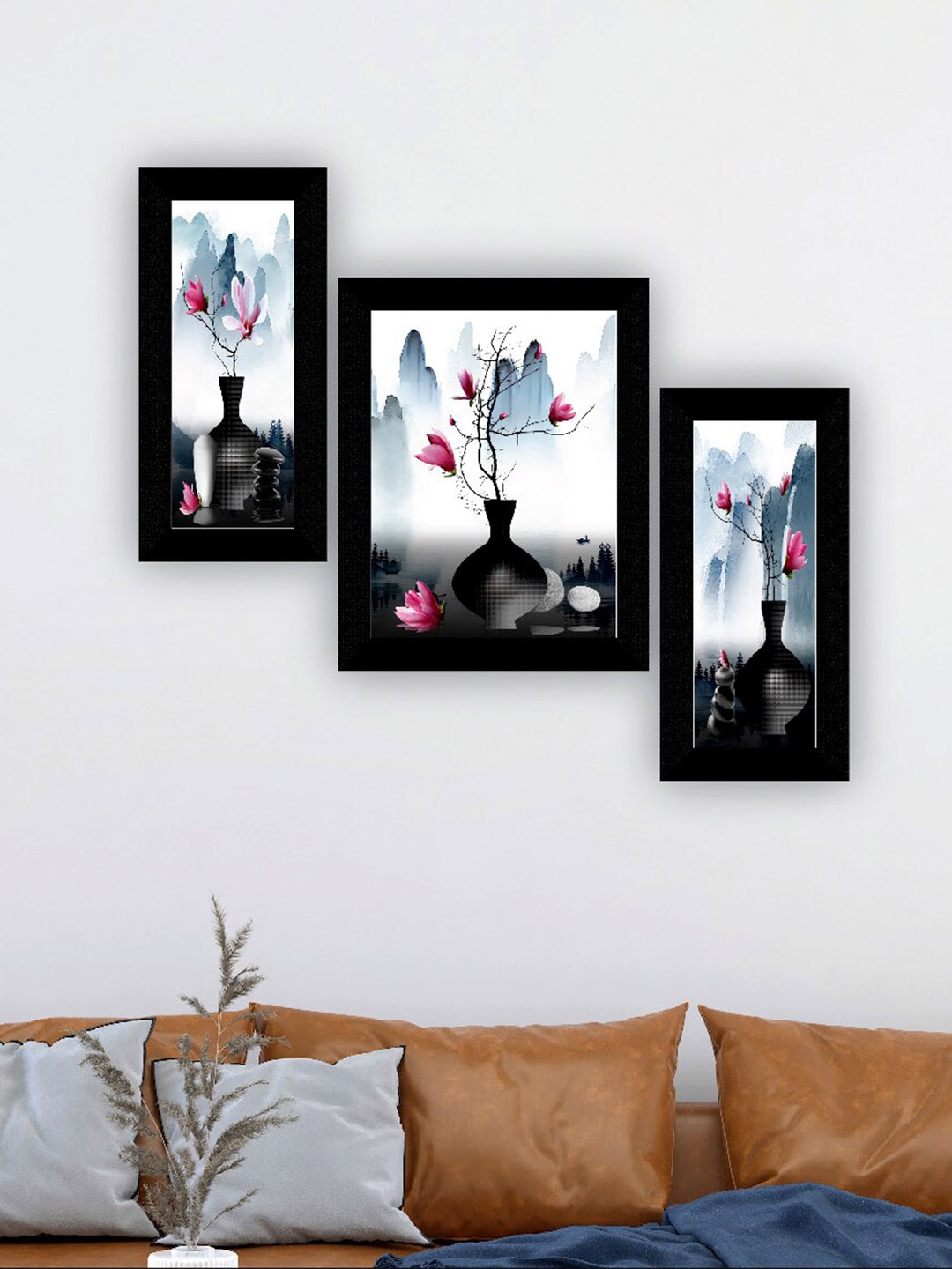 

SAF Black & White 3 Pieces Flower Pot & Flower Painting UV Coating Wall Arts