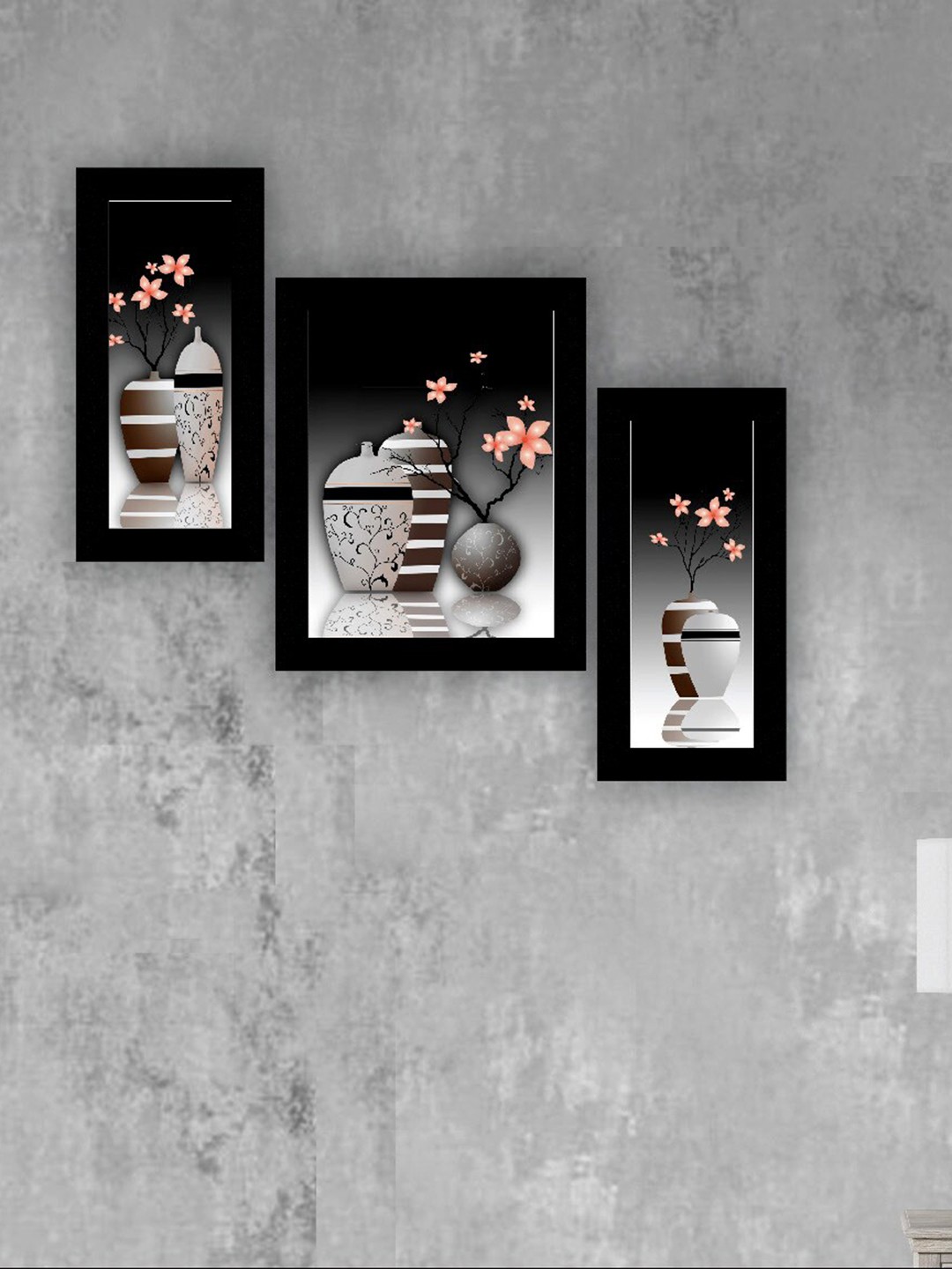 

SAF Black & White 3 Pieces Flower Pot And Flower Painting UV Coating Wall Arts