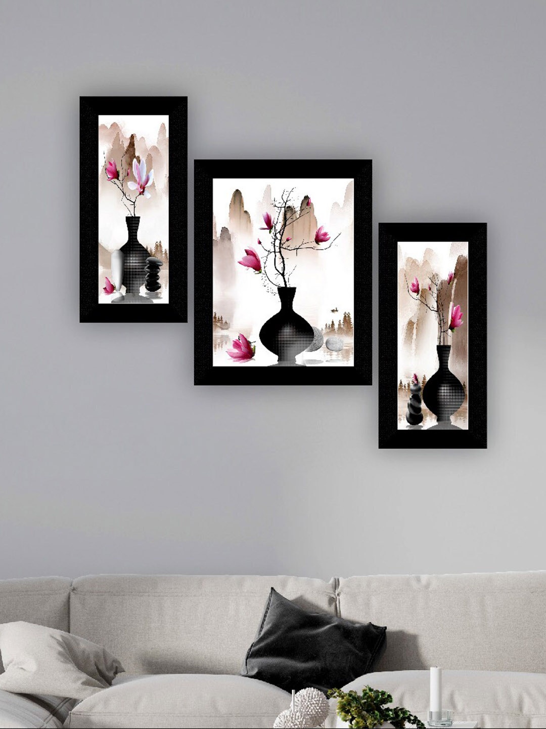 

SAF Black & Grey 3 Pieces Flower Pot And Flower Painting UV Coating Wall Arts