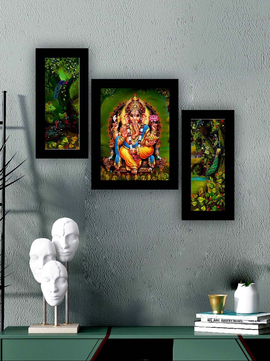

SAF Green & Black 3 Pieces Lord Ganesha And Peacock Painting UV Coating Wall Arts