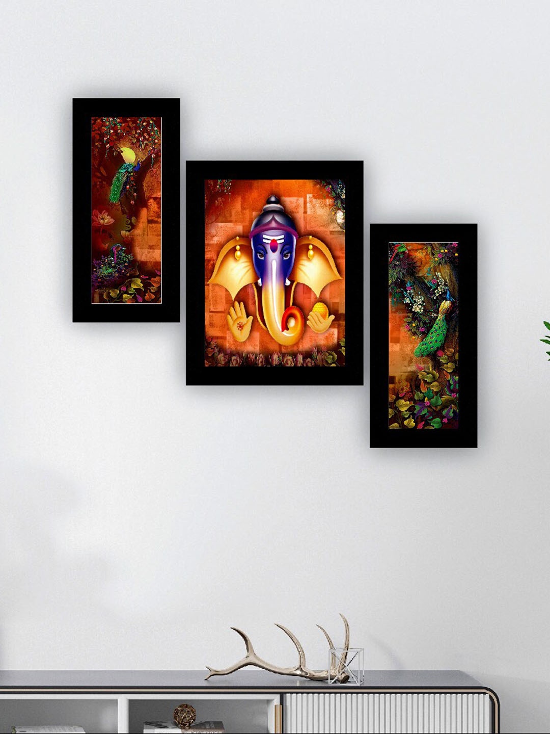 

SAF Orange & Green 3 Pieces Lord Ganesha And Peacock Painting UV Coating Wall Arts