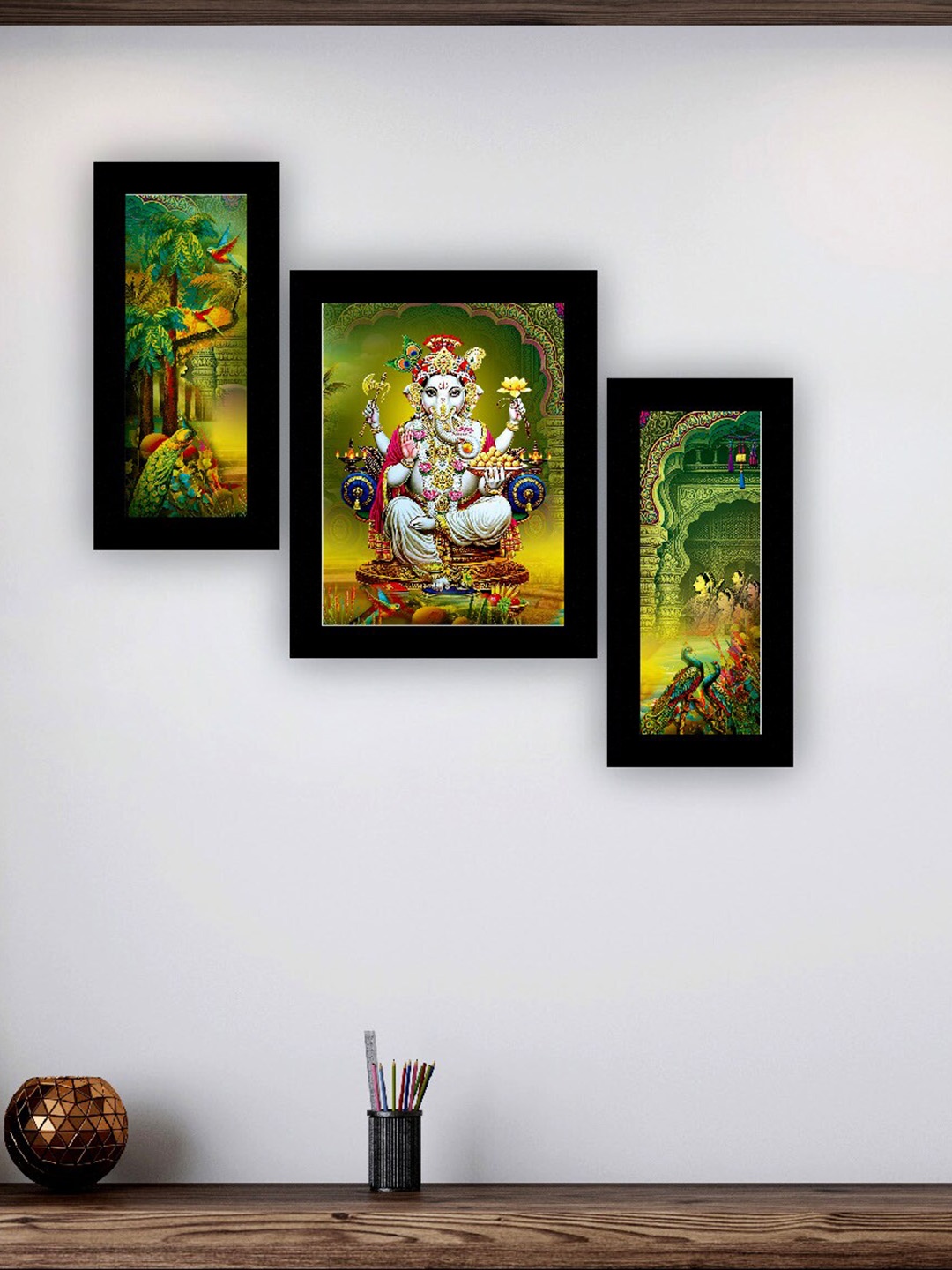 

SAF Green & Yellow 3 Pieces Lord Ganesha And Peacock Painting UV Coating Wall Arts