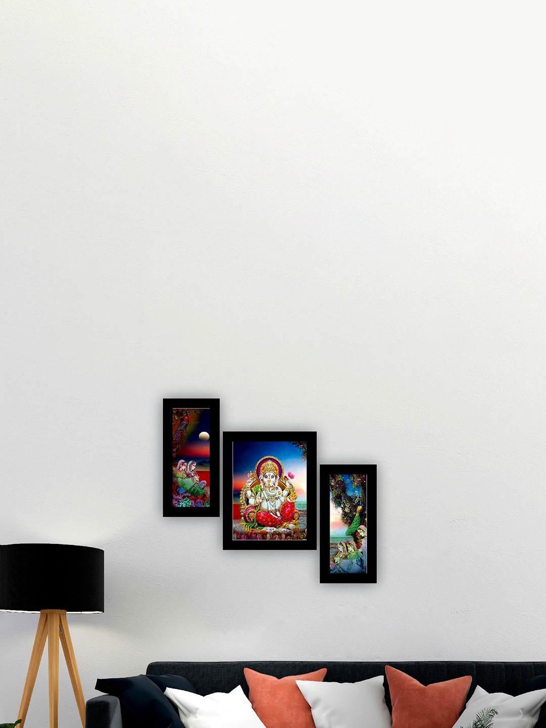 

SAF Blue & Red 3 Pieces Lord Ganesha And Peacock Painting UV Coating Wall Arts