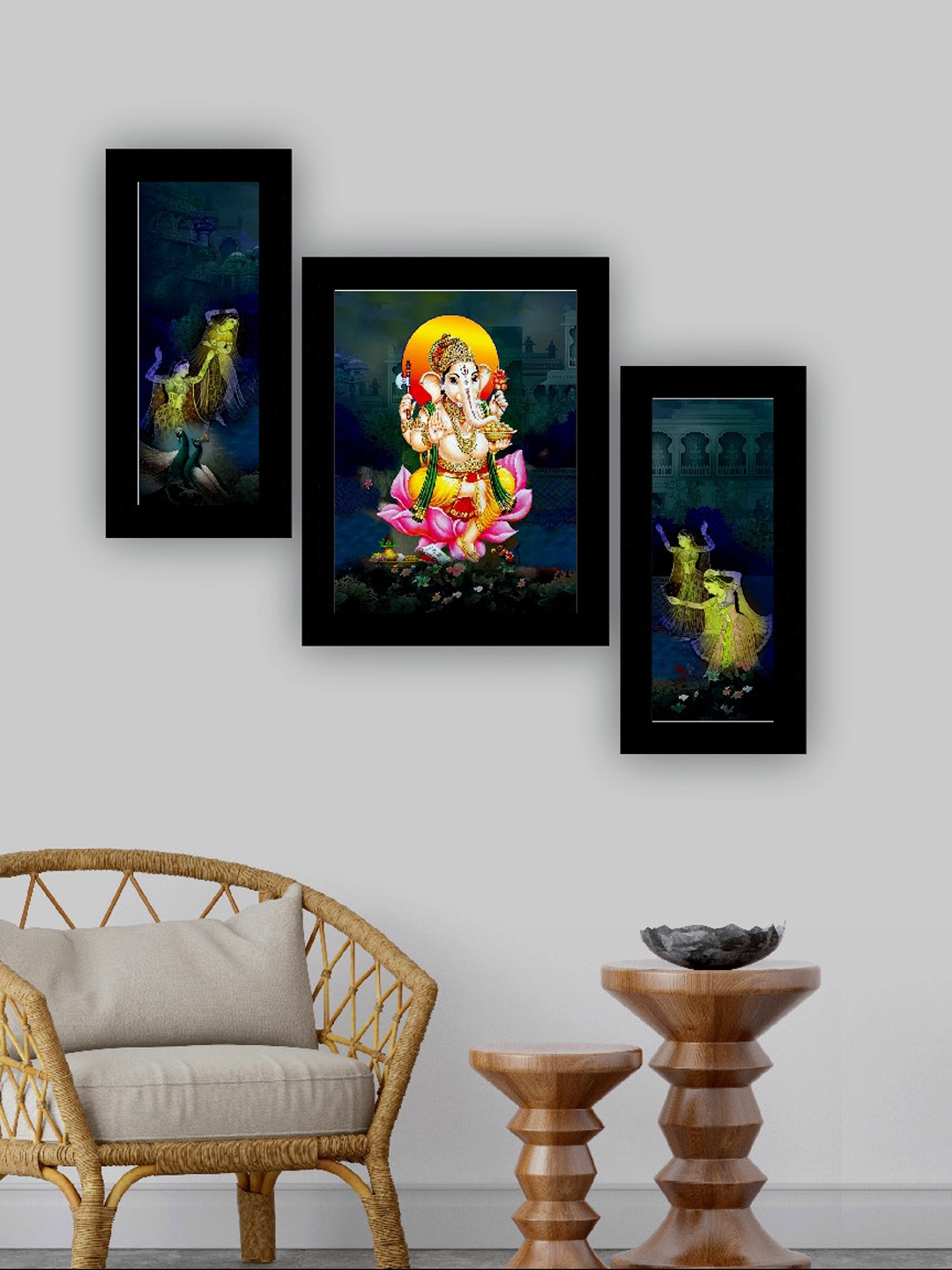 

SAF Blue & Yellow 3 Pieces Lord Ganesha And Peacock Painting UV Coating Wall Arts