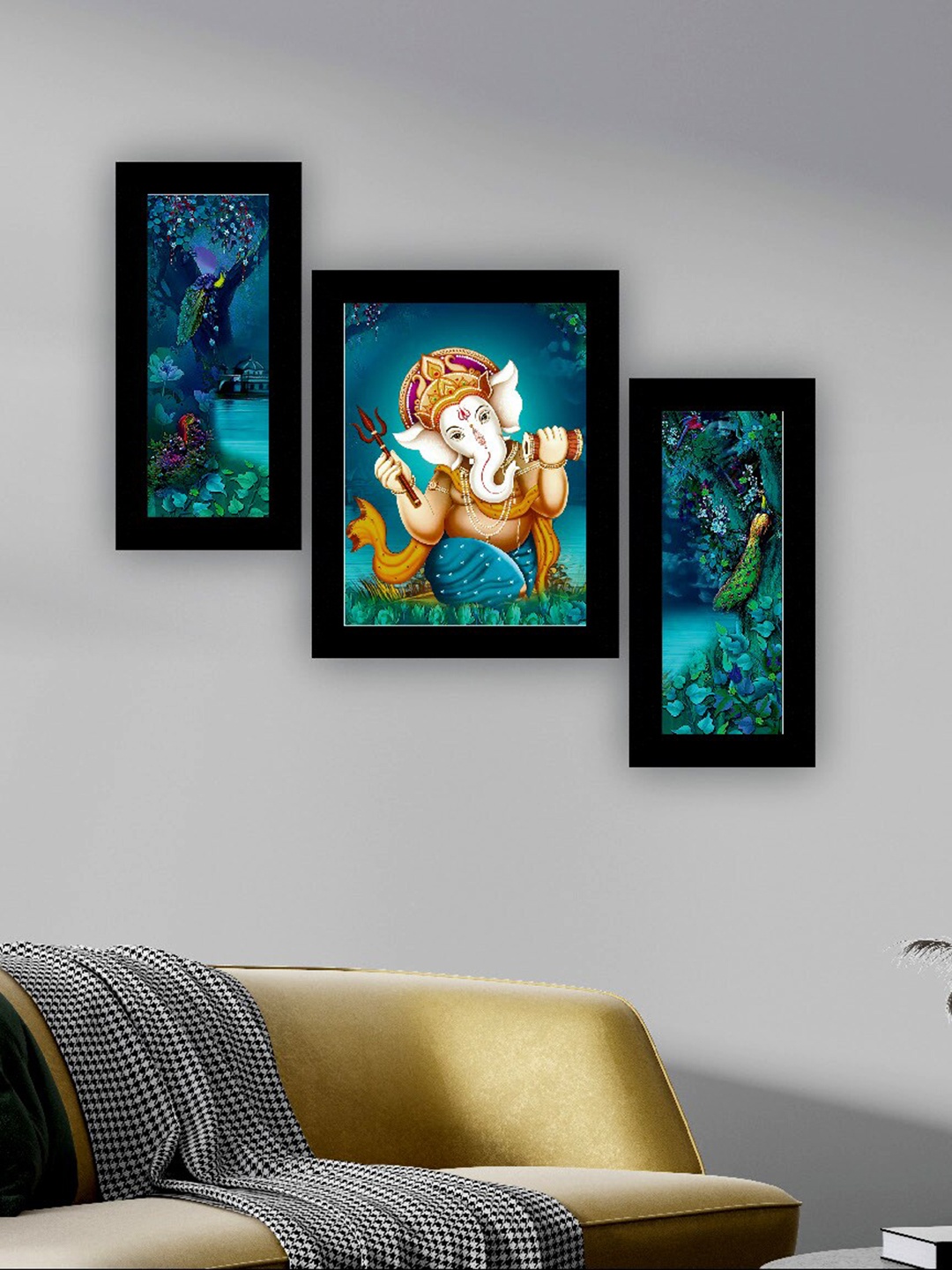 

SAF Blue & Green 3 Pieces Lord Ganesha And Peacock Painting UV Coating Wall Arts