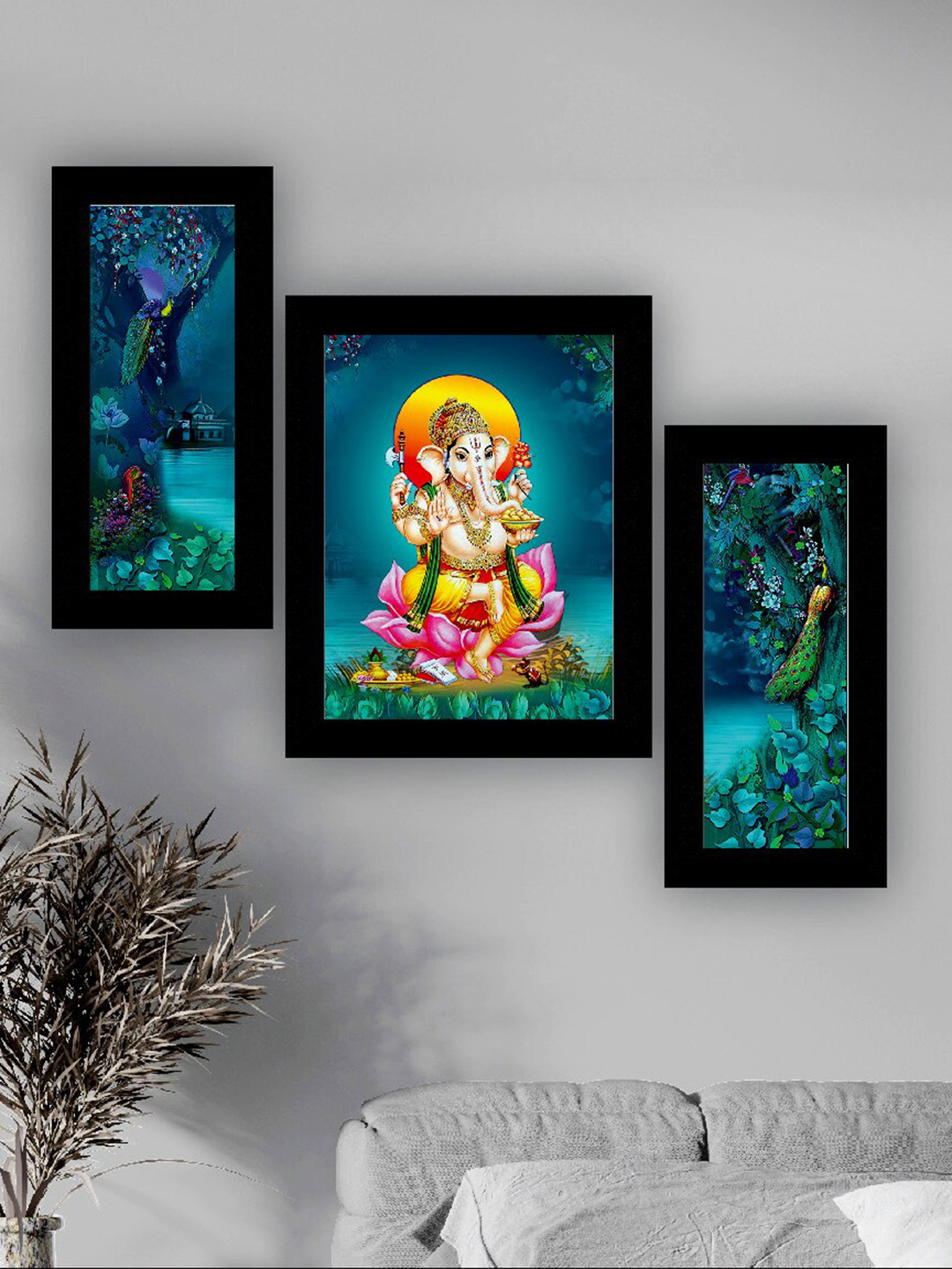 

SAF Blue & Green 3 Pieces Lord Ganesha And Peacock Painting UV Coating Wall Arts
