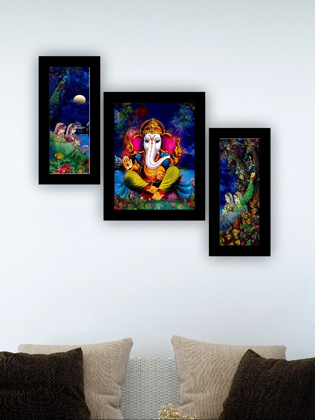 

SAF Blue & Green 3 Pieces Lord Ganesha And Peacock Painting UV Coating Wall Arts