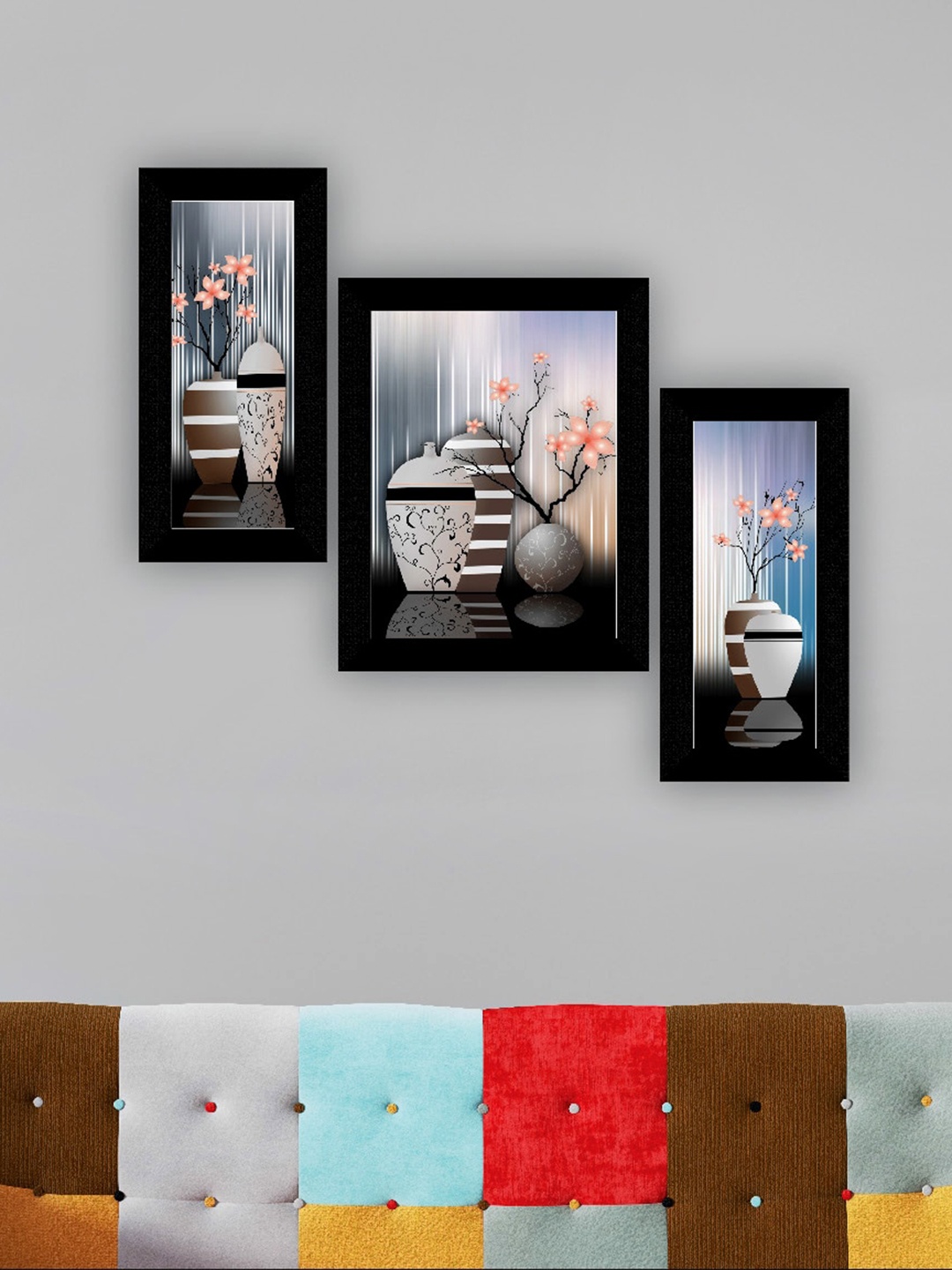 

SAF Grey & White 3 Pieces Flower Pot And Flower Painting Wall Arts