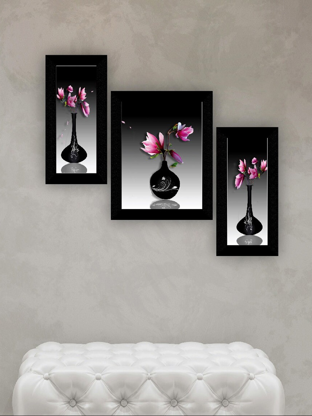 

SAF Black & Pink 3 Pieces Flower Pot And Flower Painting UV Coating Wall Arts