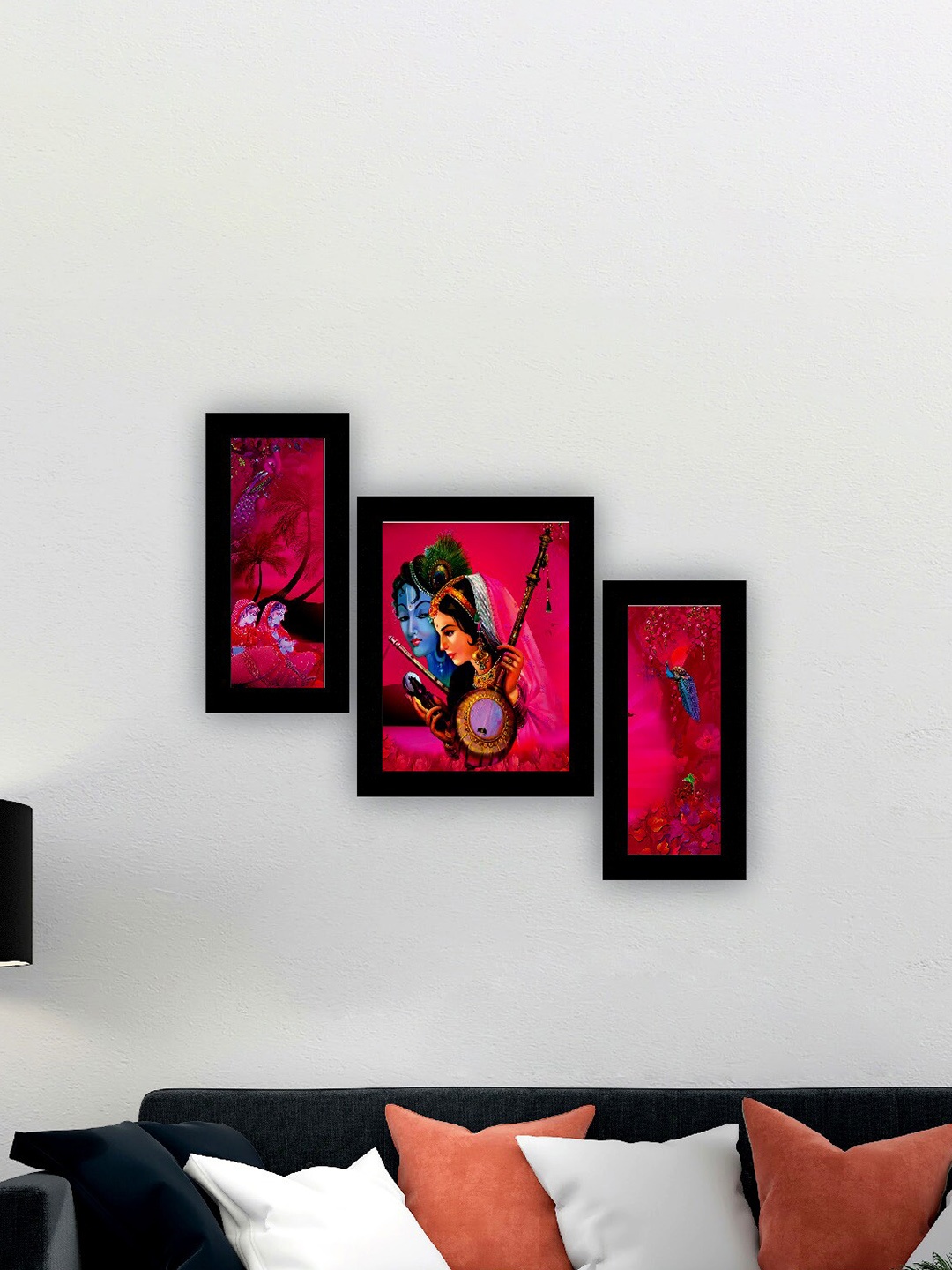 

SAF Pink & Blue 3 Pieces Lord Krishna And Meera Bai Painting UV Coating Wall Arts