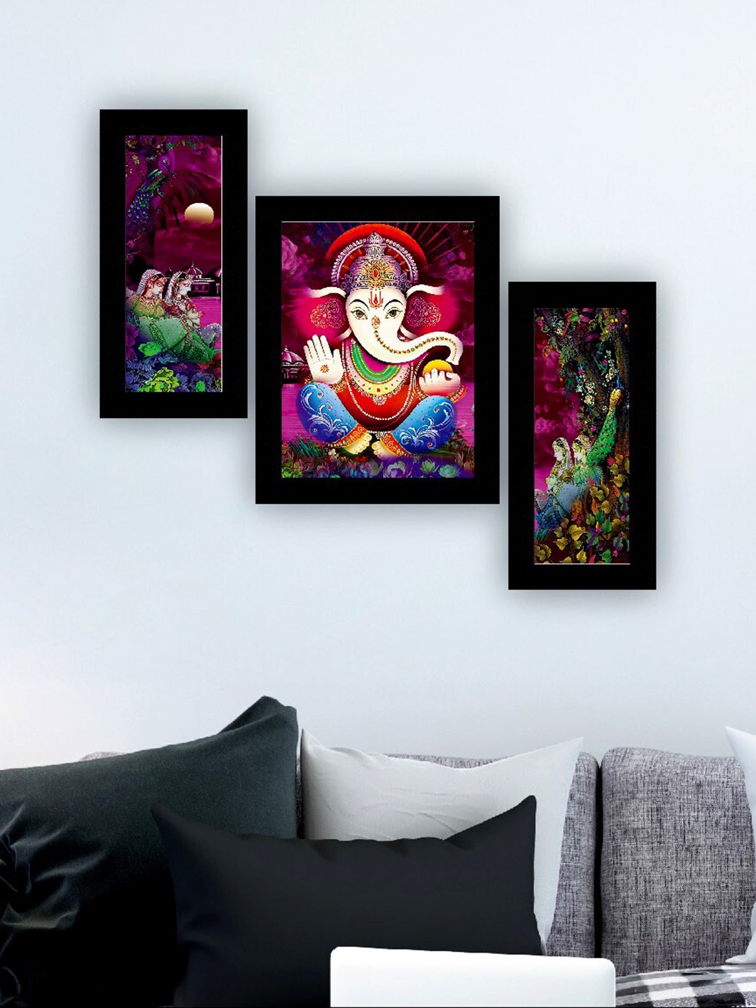 

SAF Purple & Blue 3 Pieces Lord Ganesha And Peacock Painting UV Coating Wall Arts