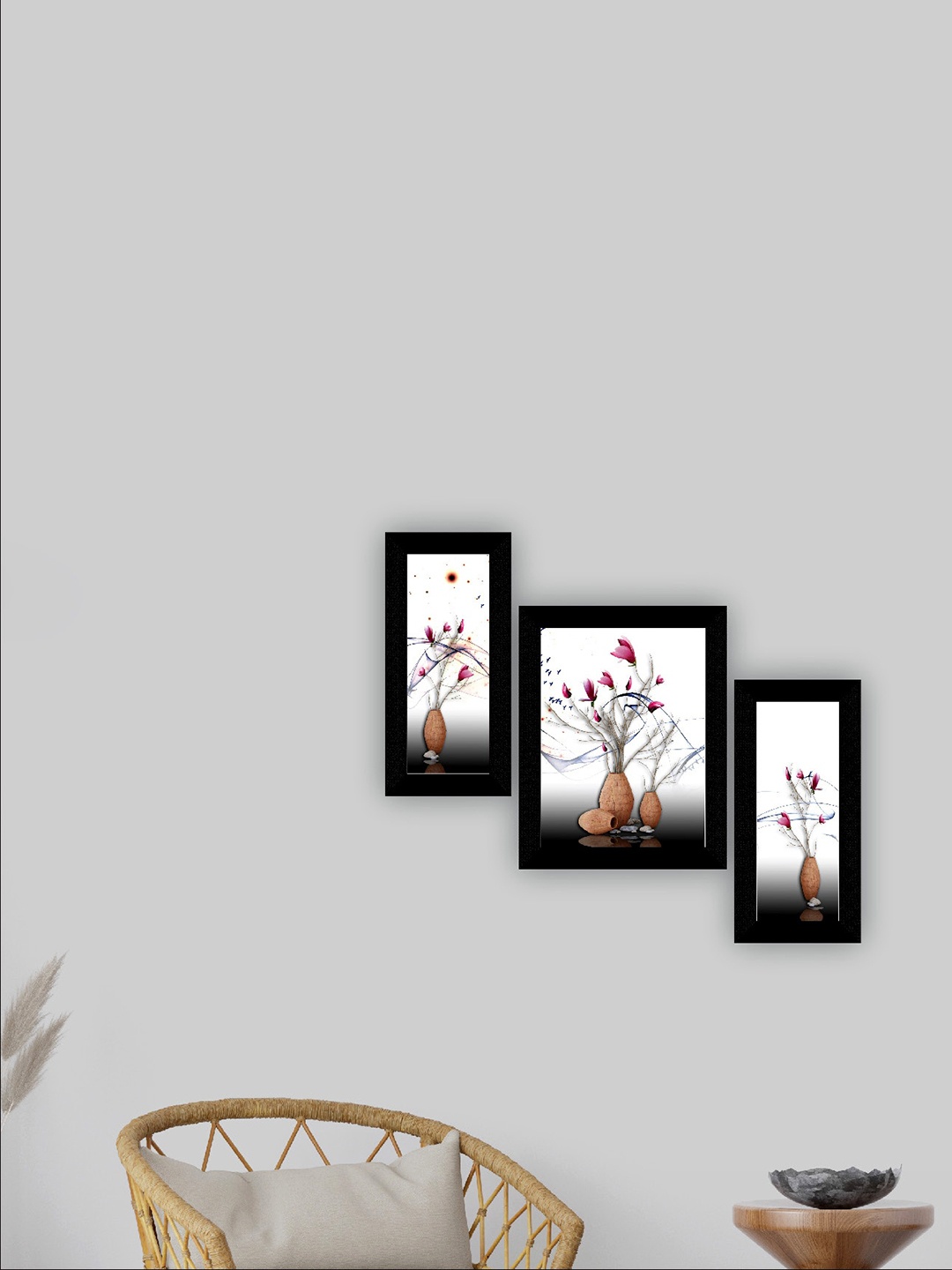 

SAF White & Brown 3 Pieces Flower Pot And Flower Painting UV Coating Wall Arts