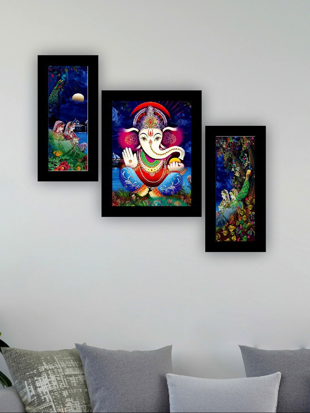 

SAF Blue & Purple 3 Pieces Lord Ganesha And Peacock Painting UV Coating Wall Arts