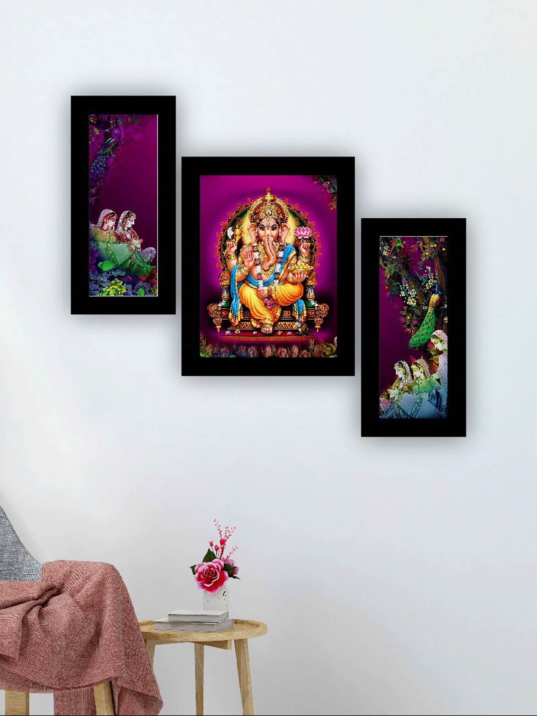 

SAF Purple & Green 3 Pieces Lord Ganesha Painting UV Coating Wall Arts