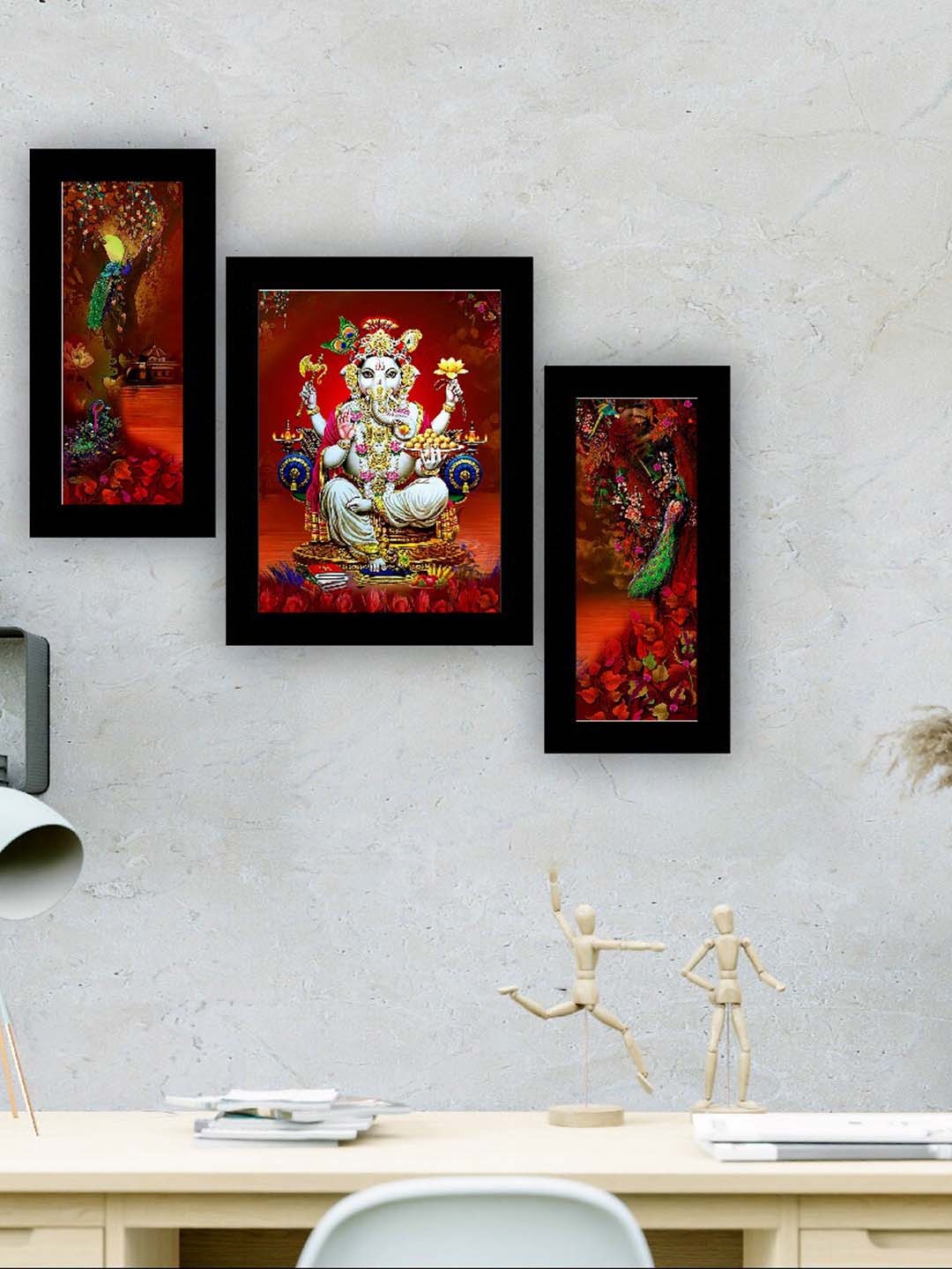 

SAF Red & White 3 Pieces Lord Ganesha And Peacock Painting UV Coating Wall Arts