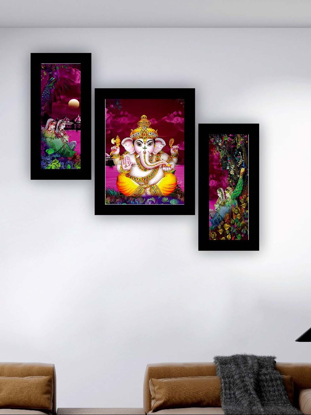 

SAF Purple & Yellow 3 Pieces Lord Ganesha And Peacock Painting UV Coating Wall Arts