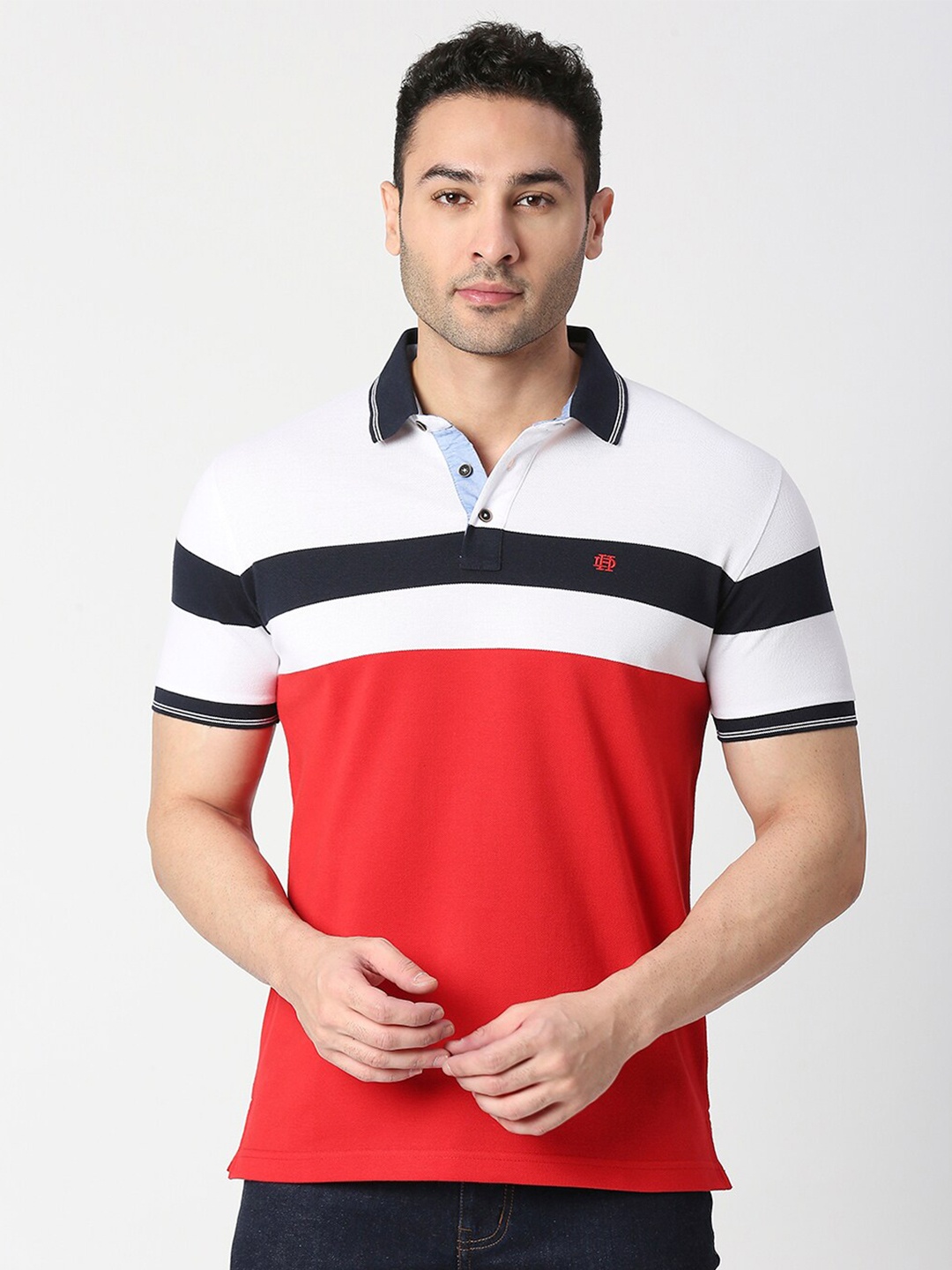 

DRAGON HILL Colourblocked Polo Collar Cotton Slim Fit T-shirt, Red