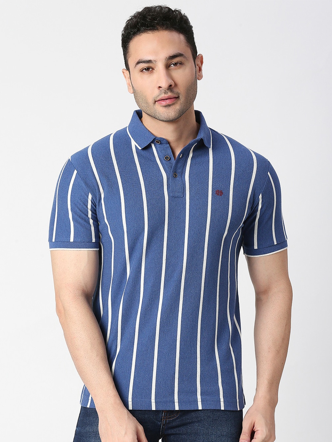 

DRAGON HILL Striped Polo Collar Slim Fit Cotton T-shirt, Blue