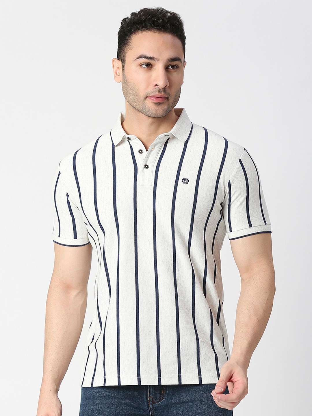 

DRAGON HILL Striped Polo Collar Slim Fit Casual Cotton T-shirt, Off white