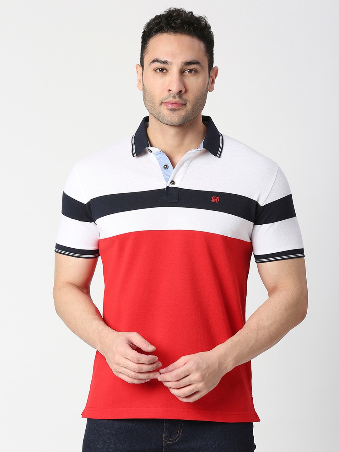 

DRAGON HILL Colourblocked Polo Collar Cotton Slim Fit T-shirt, Red