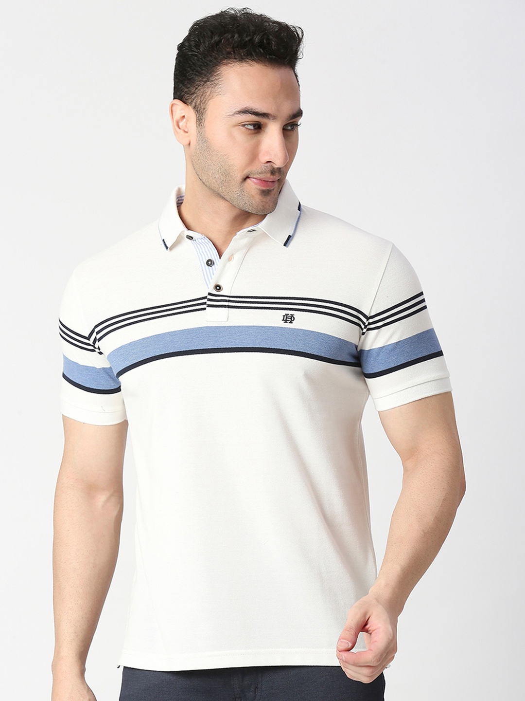 

DRAGON HILL Striped Polo Collar Slim Fit Cotton T-shirt, White