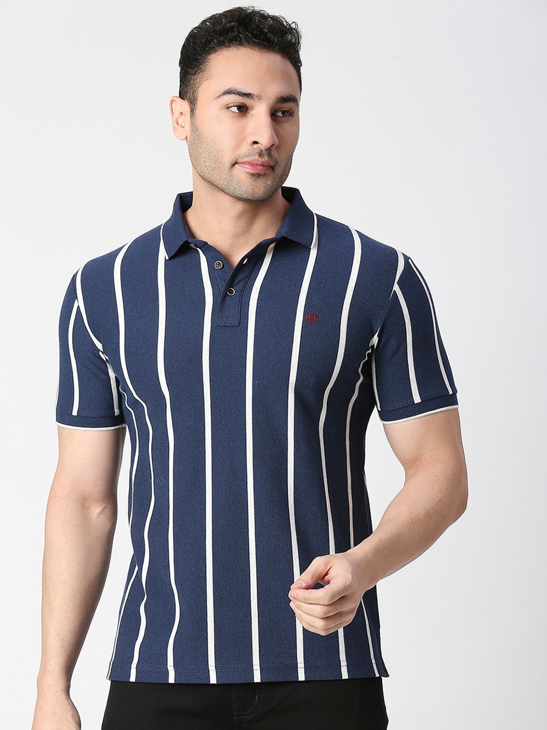 

DRAGON HILL Striped Polo Collar Slim Fit Casual Cotton T-shirt, Blue