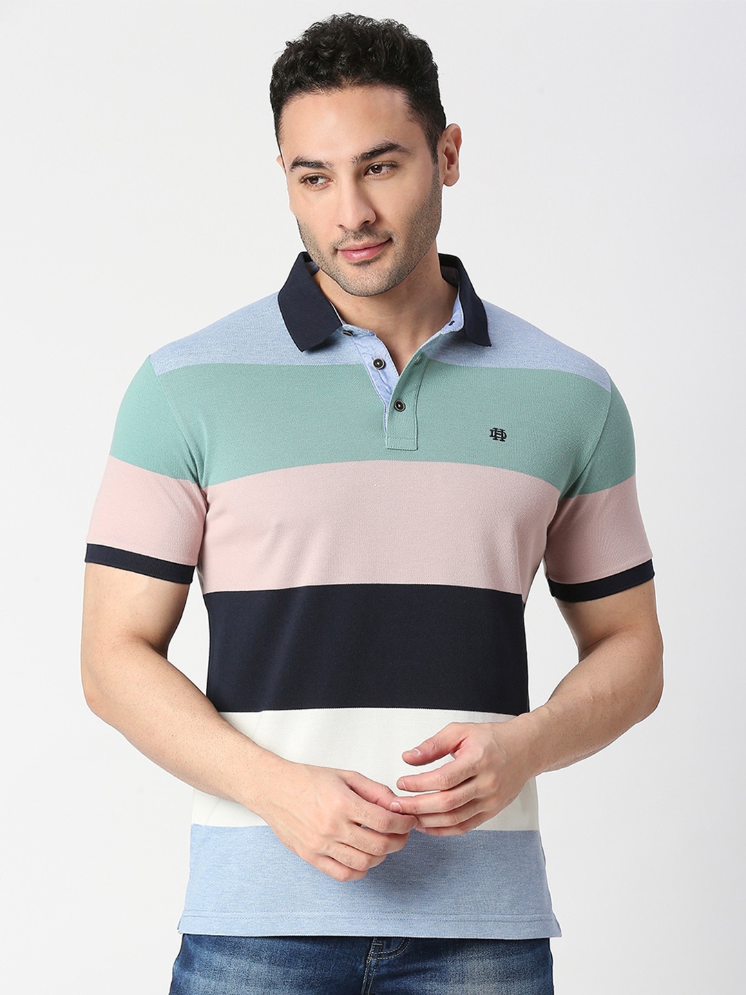 

DRAGON HILL Striped Polo Collar Slim Fit Cotton T-shirt, Blue