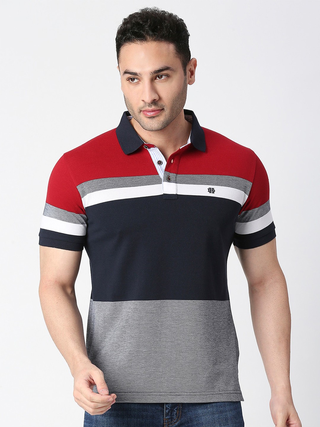

DRAGON HILL Colourblocked Polo Collar Slim Fit Cotton T-shirt, Red