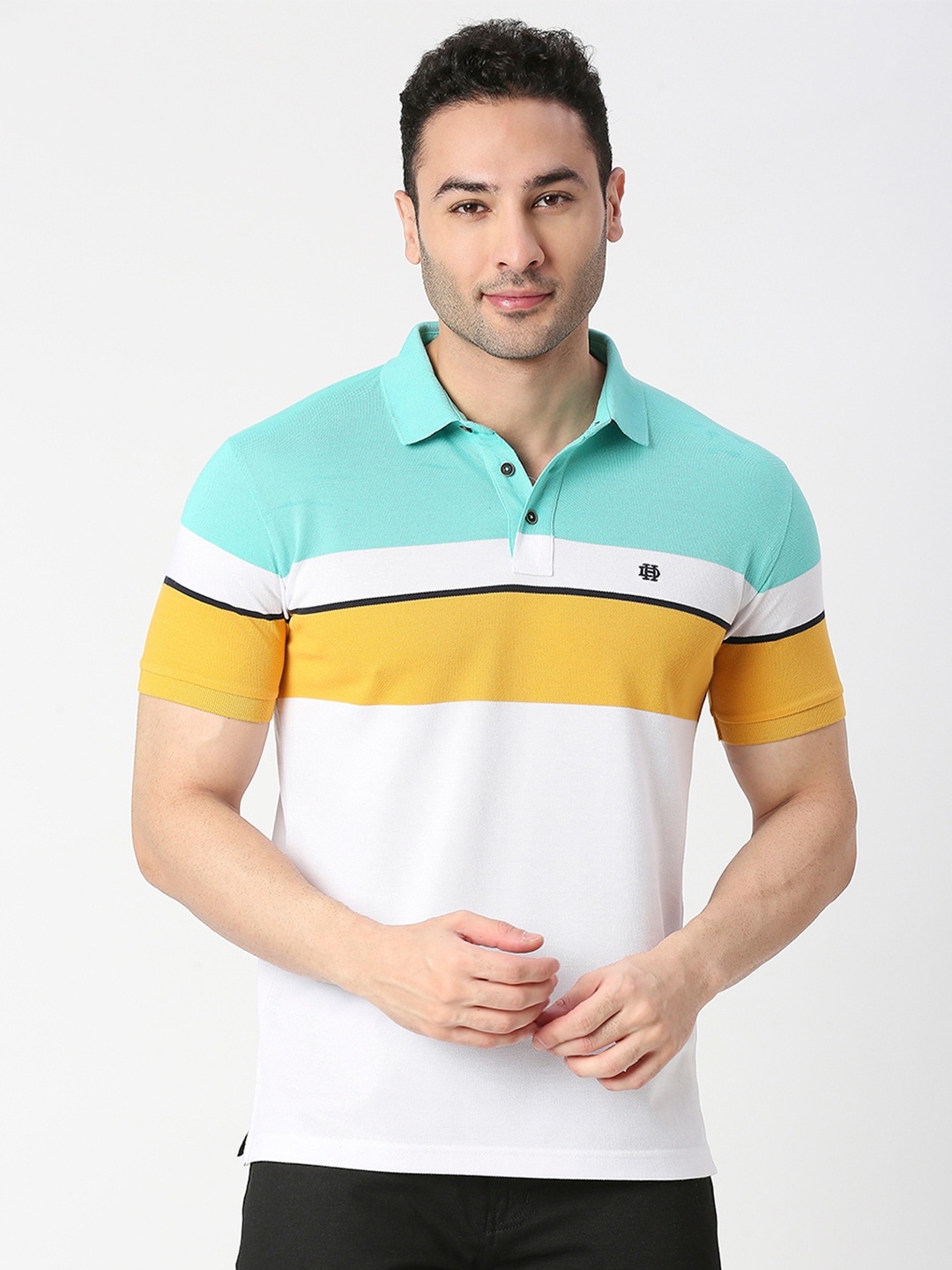 

DRAGON HILL Men Striped Polo Collar Slim Fit Cotton T-shirt, White