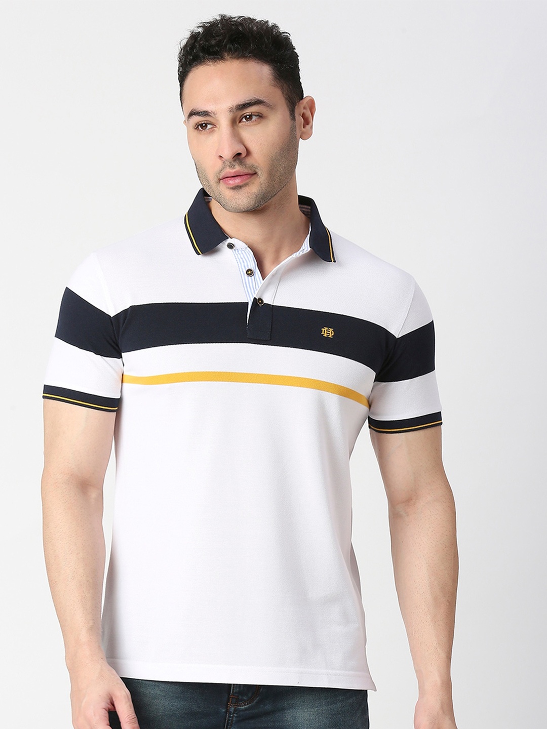 

DRAGON HILL Colourblocked Polo Collar Cotton Slim Fit T-shirt, White