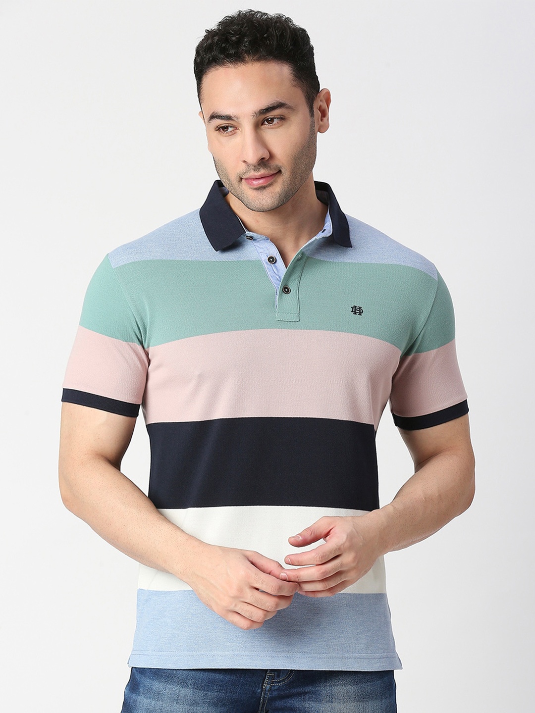 

DRAGON HILL Striped Polo Collar Slim Fit Cotton T-shirt, Blue