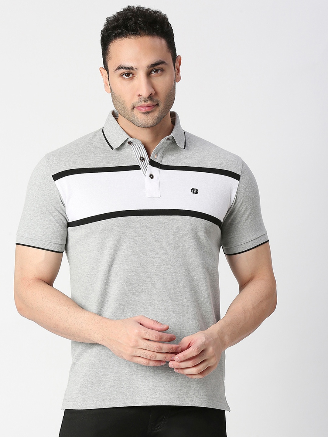 

DRAGON HILL Striped Polo Collar Cotton Slim Fit T-shirt, Grey