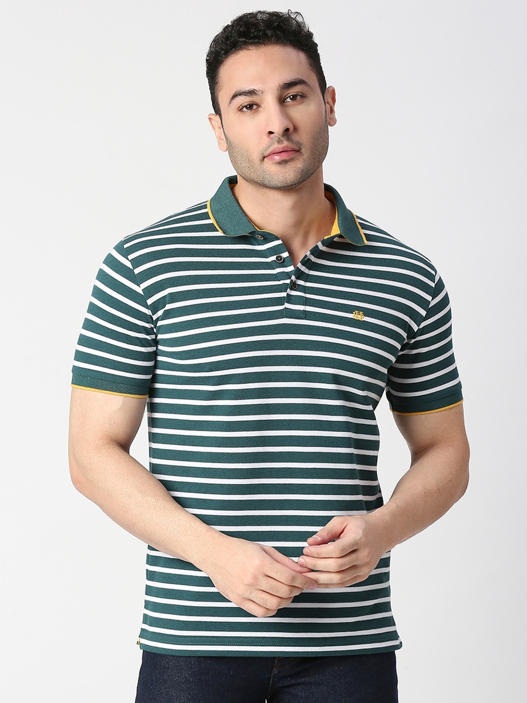 

DRAGON HILL Striped Polo Collar Slim Fit Cotton T-shirt, Green